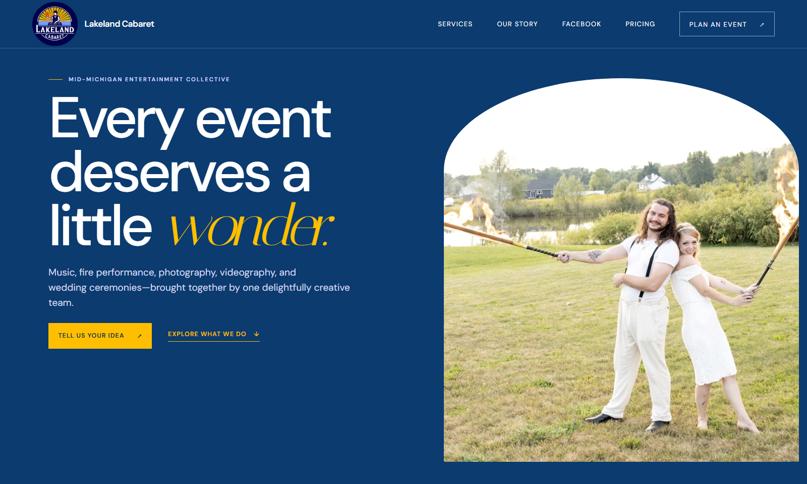 Lakeland Cabaret website homepage presenting performance, photography, and event services.