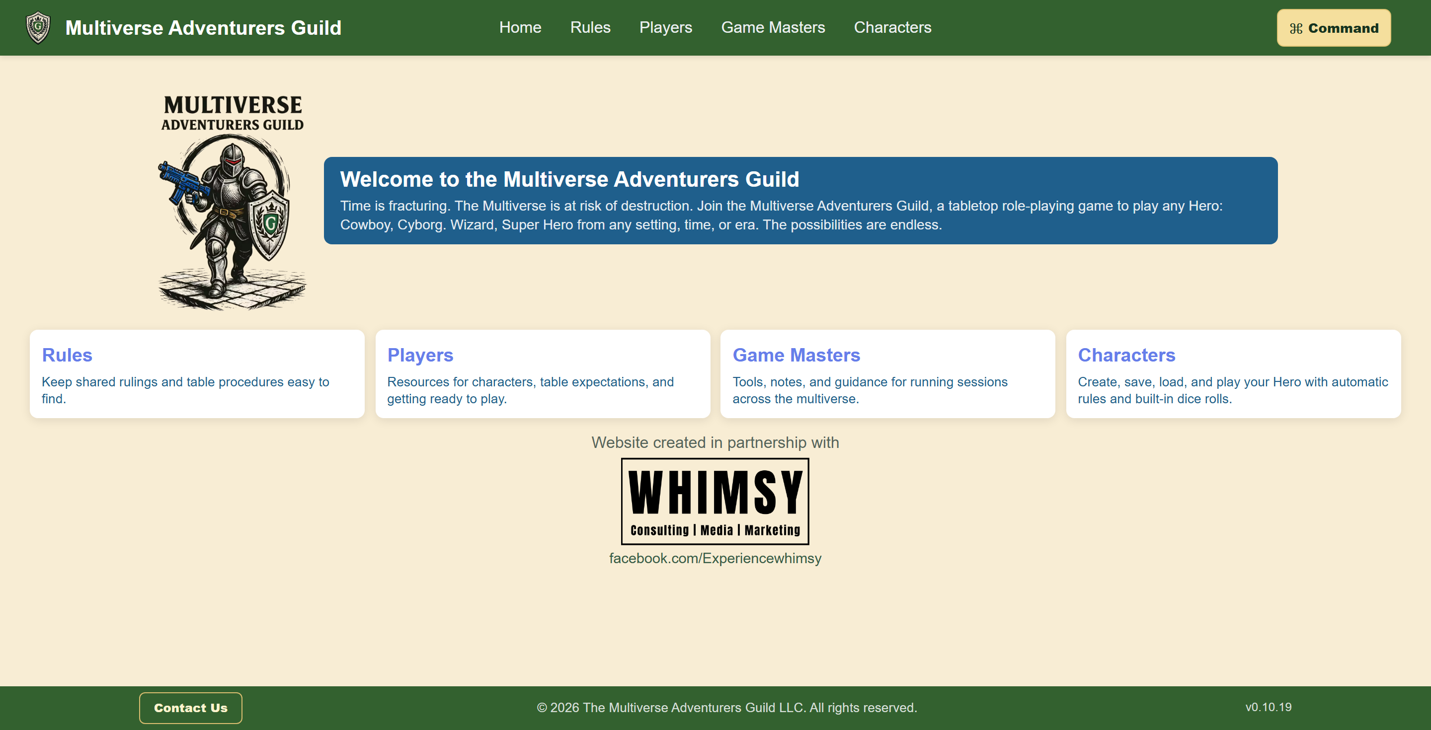 Multiverse Adventurers Guild website with guides, rules, and character tools.