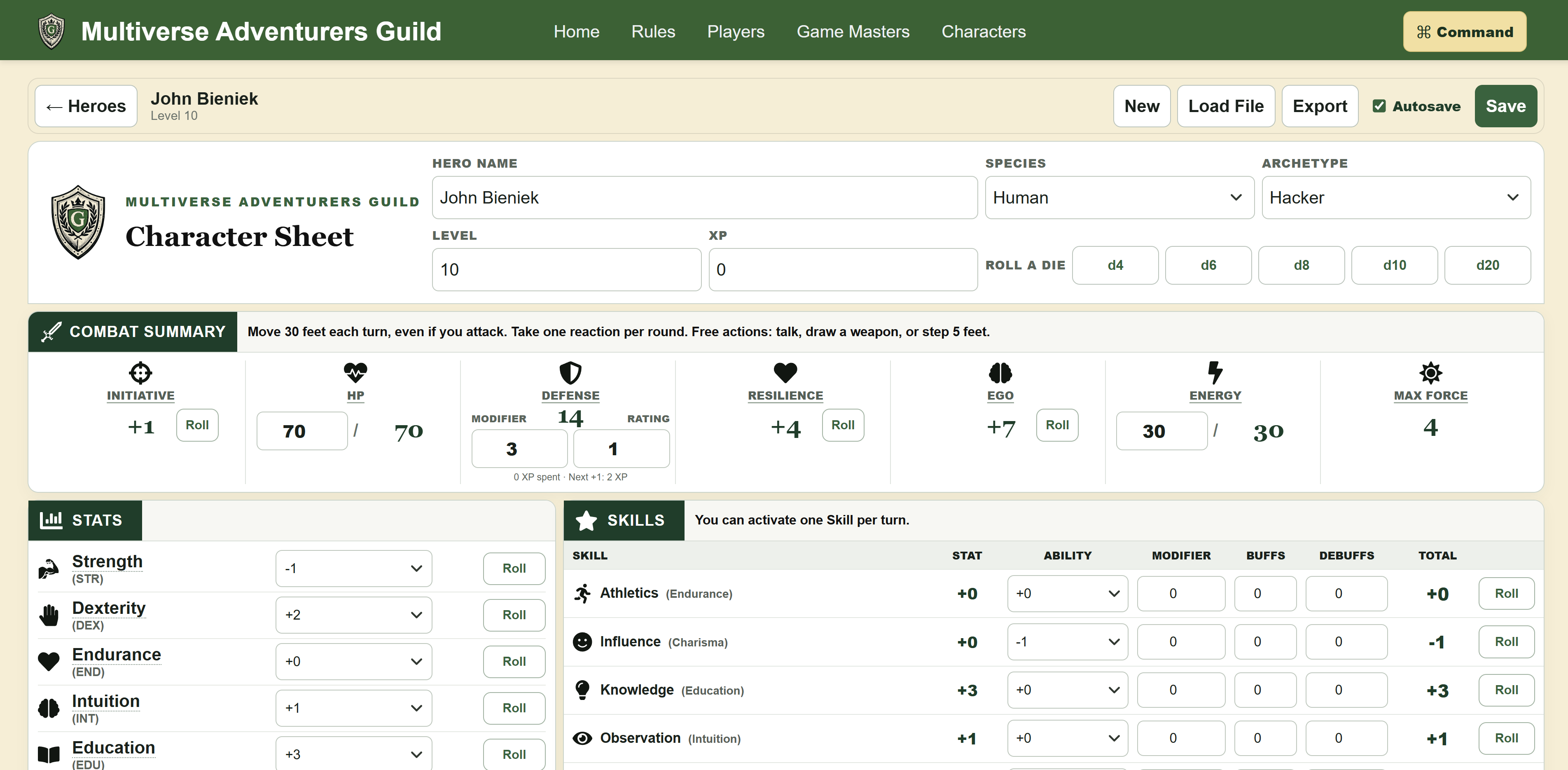 Interactive Multiverse Adventurers Guild character sheet with editable stats, skills, and dice controls