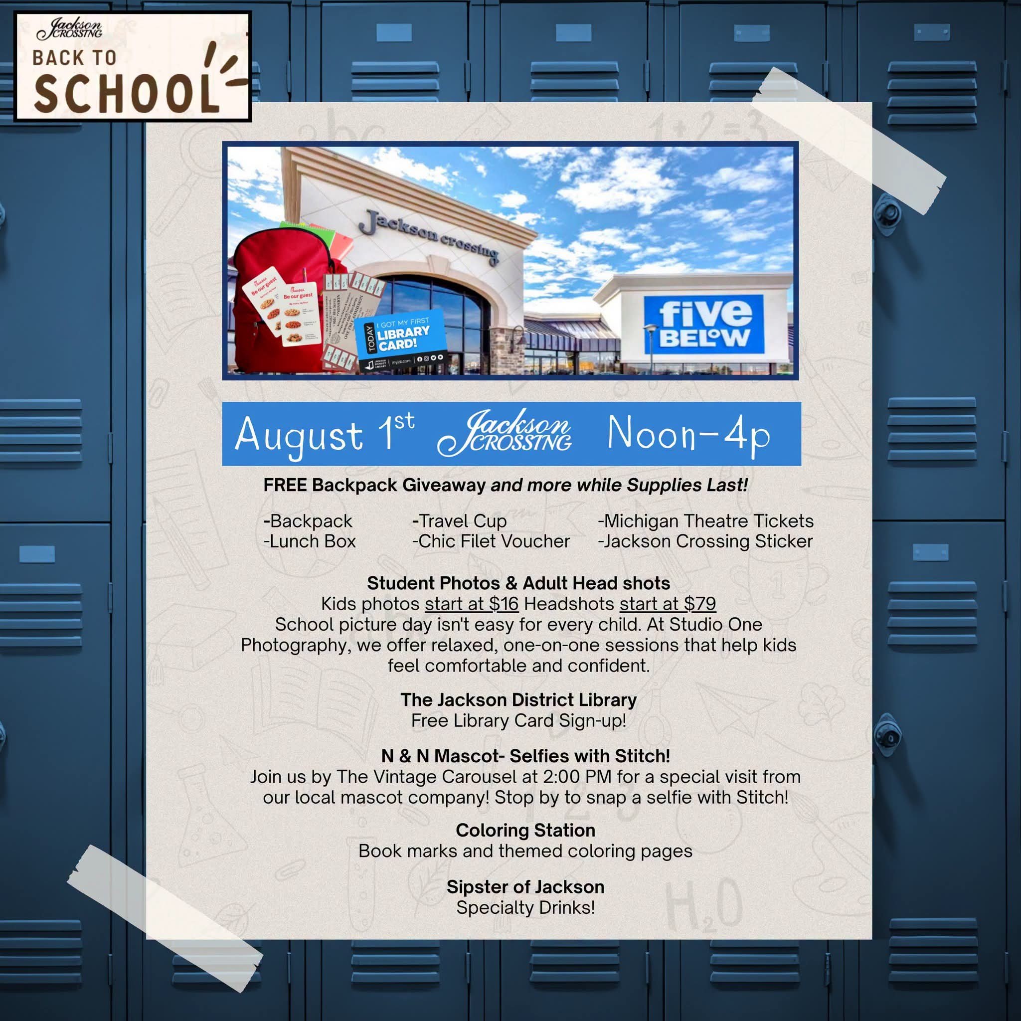 Back to School Bash poster with blue lockers, advertising free backpacks, school photos, library sign-ups, and family activities at Jackson Crossing.