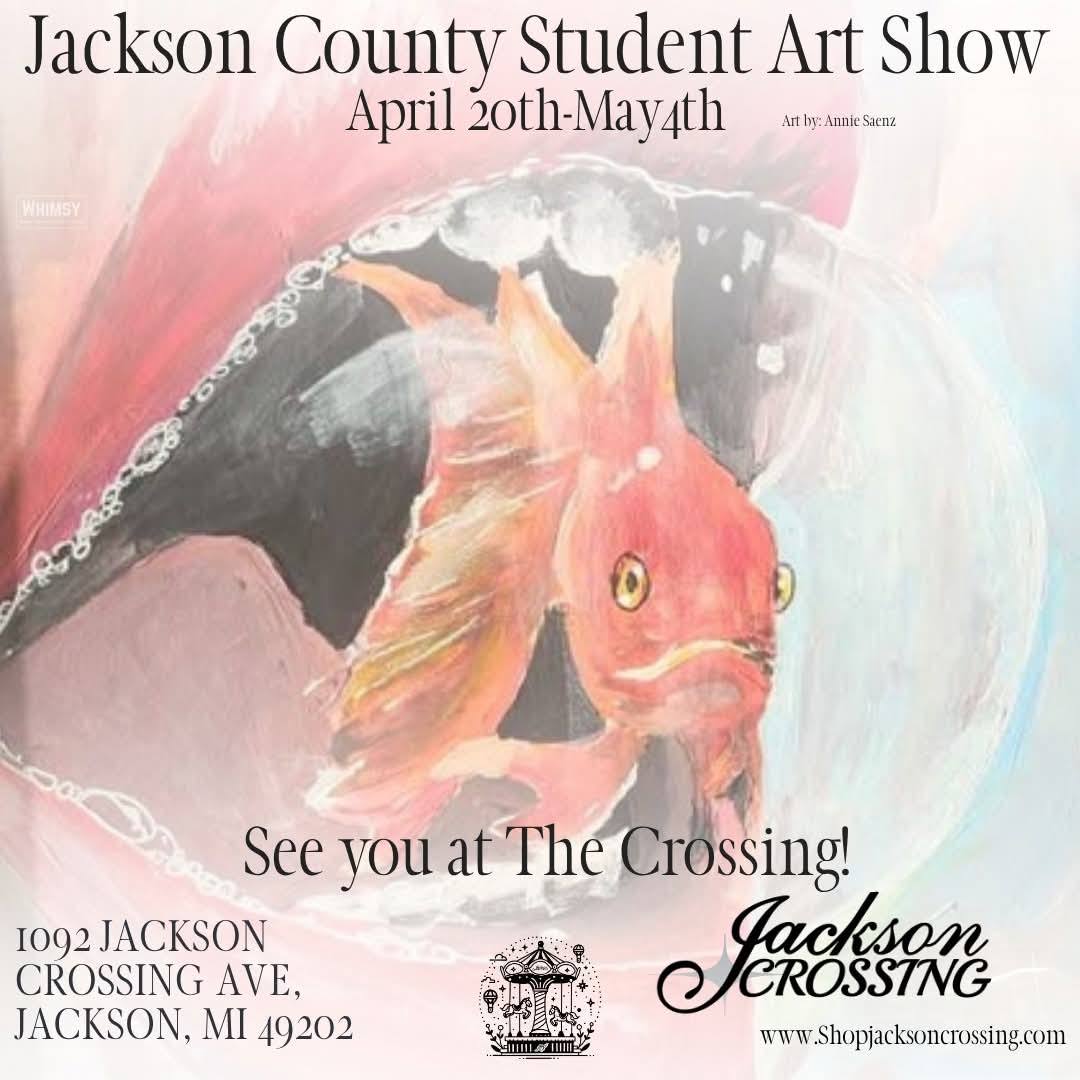 2026 Student Art Show invitation featuring artwork by Annie Saenz, April 20–May 4.