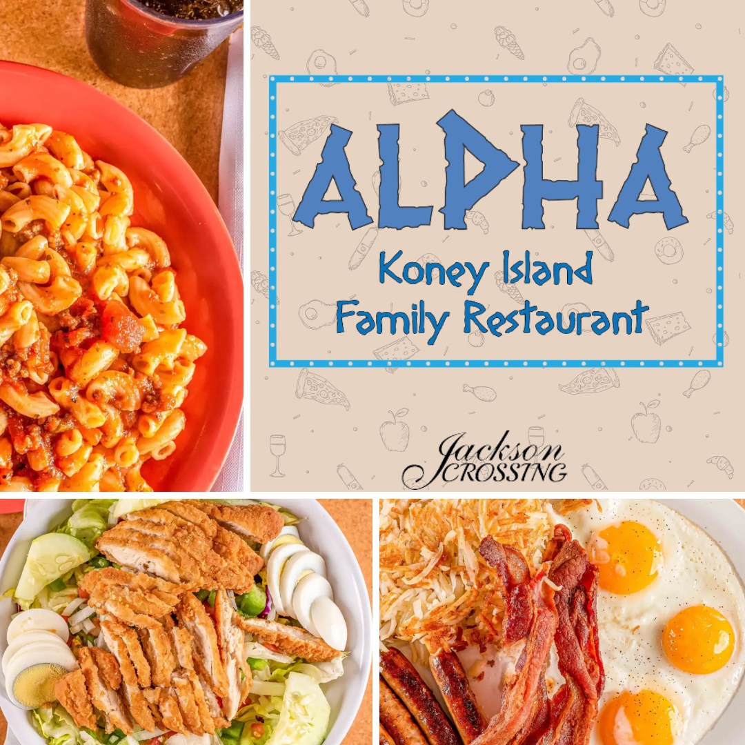 Alpha Koney Island restaurant advertisement featuring its food