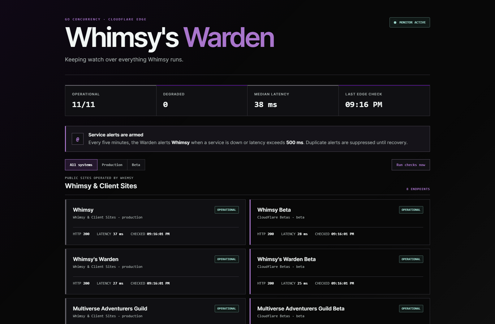 Whimsy’s Warden dashboard showing service availability, response times, and production and beta filters.