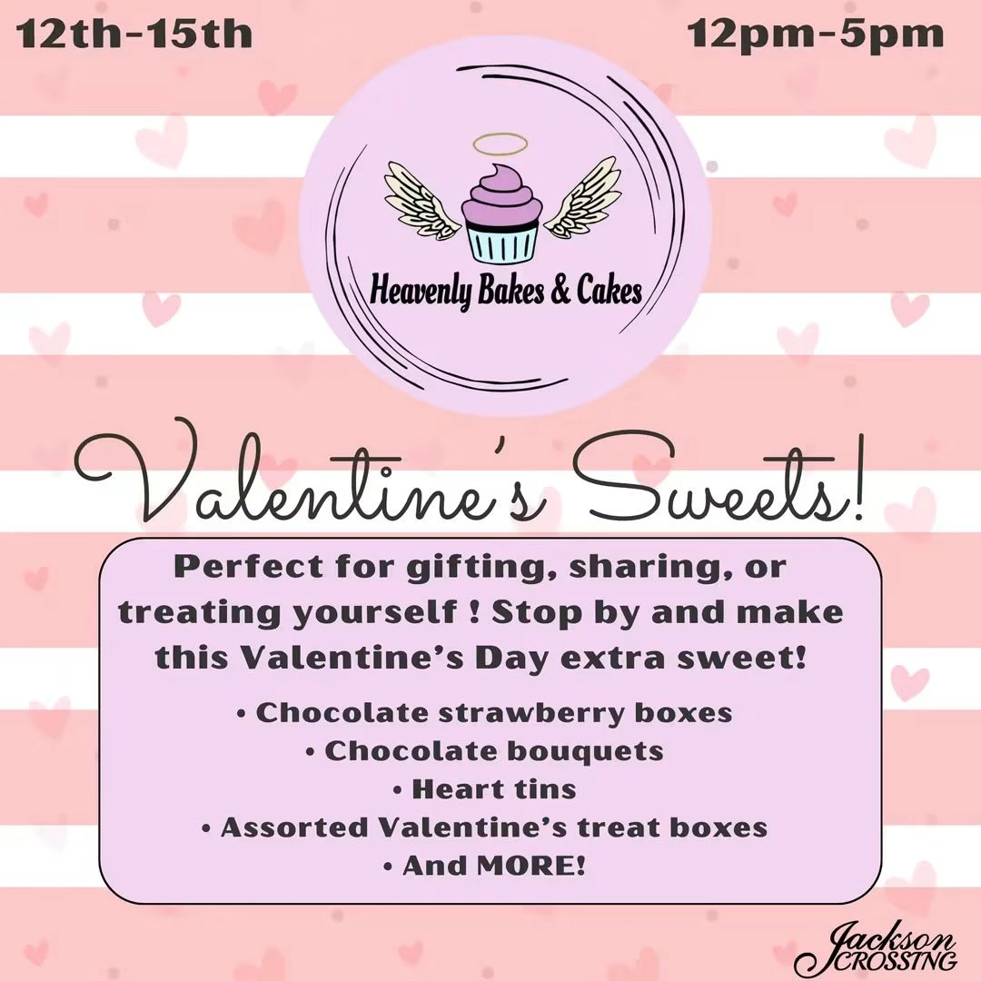 Whimsy’s pink Valentine’s sweets advertisement for Heavenly Bakes & Cakes.